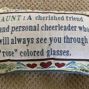 AUNT: cherished friend ... * cross-stitch over-stuffed throw pillow 13x8-1/2"